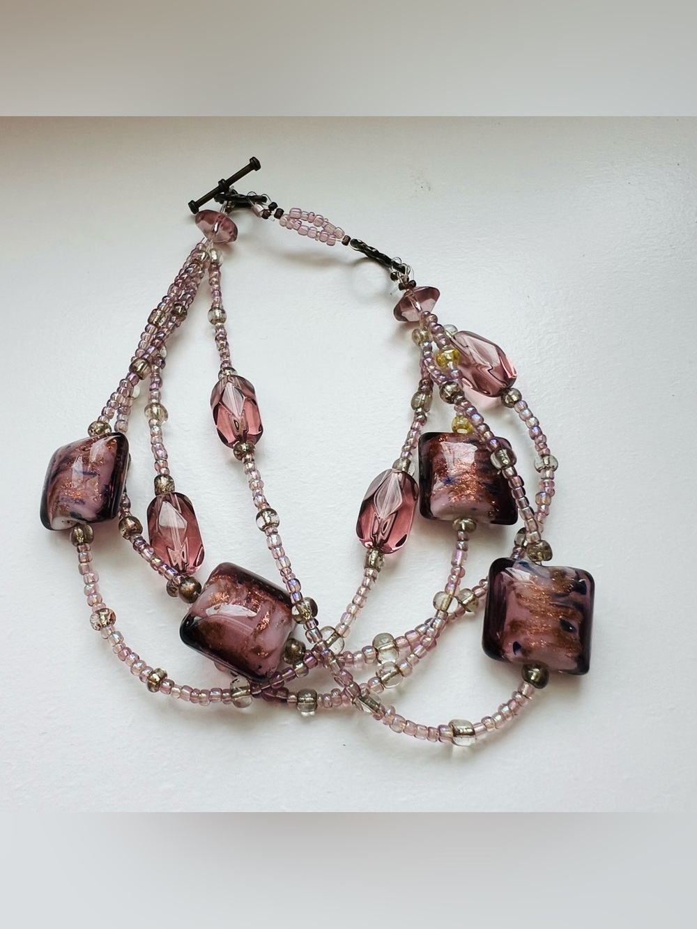 Handmade Multi-Strand Pink Glass Bead Necklace by